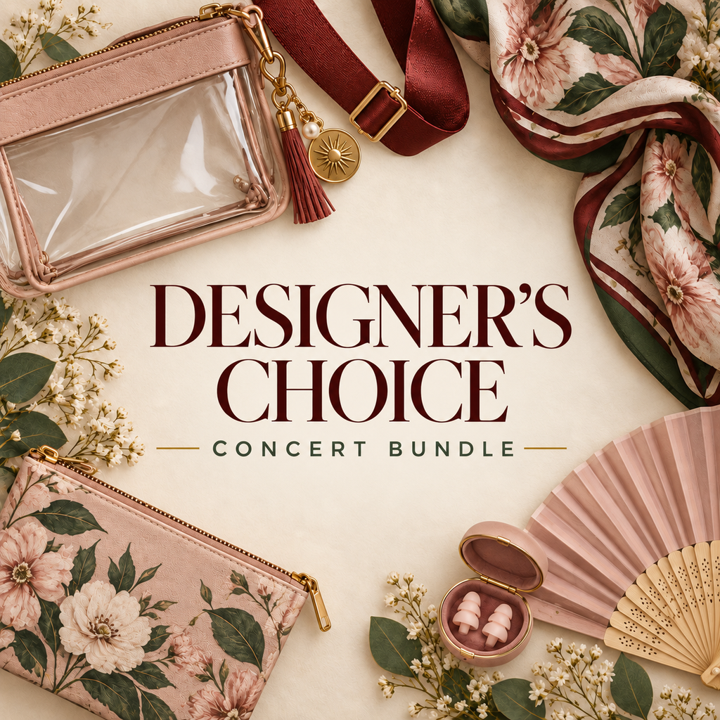 Designer's Choice Concert Bundle promotional image with a clear purse, floral accessories and earplugs
