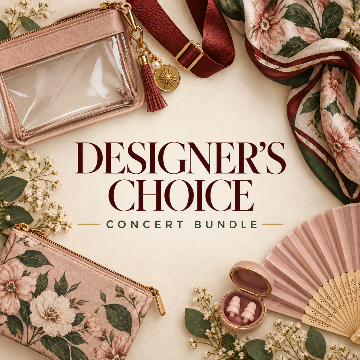Designer's Choice Concert Bundle promotional image with a clear purse, floral accessories and earplugs
