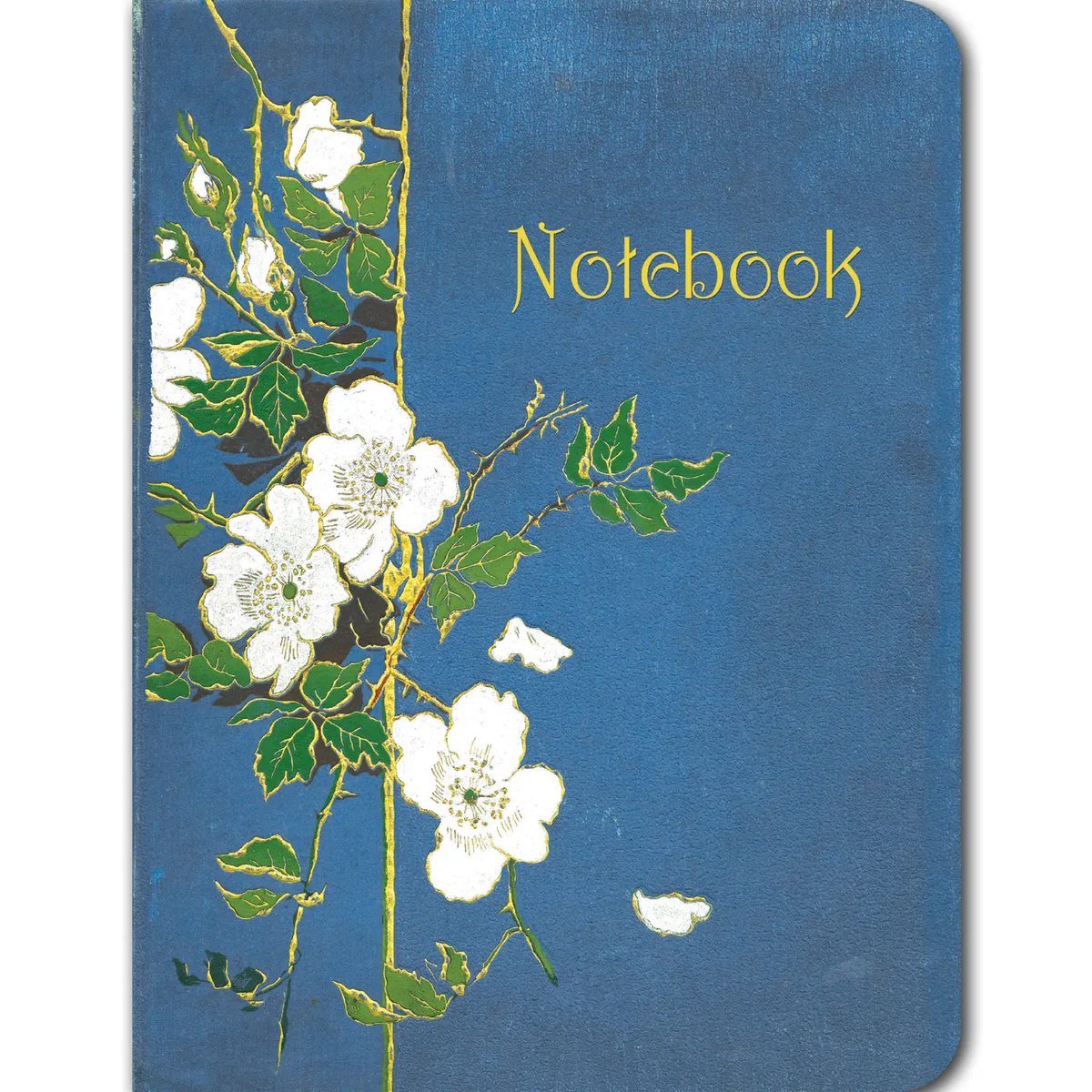 White Roses on Blue vintage book cover notebook with steel blue cover featuring cascading white rose botanical illustration and gold vine detailing, gold Notebook lettering on white background