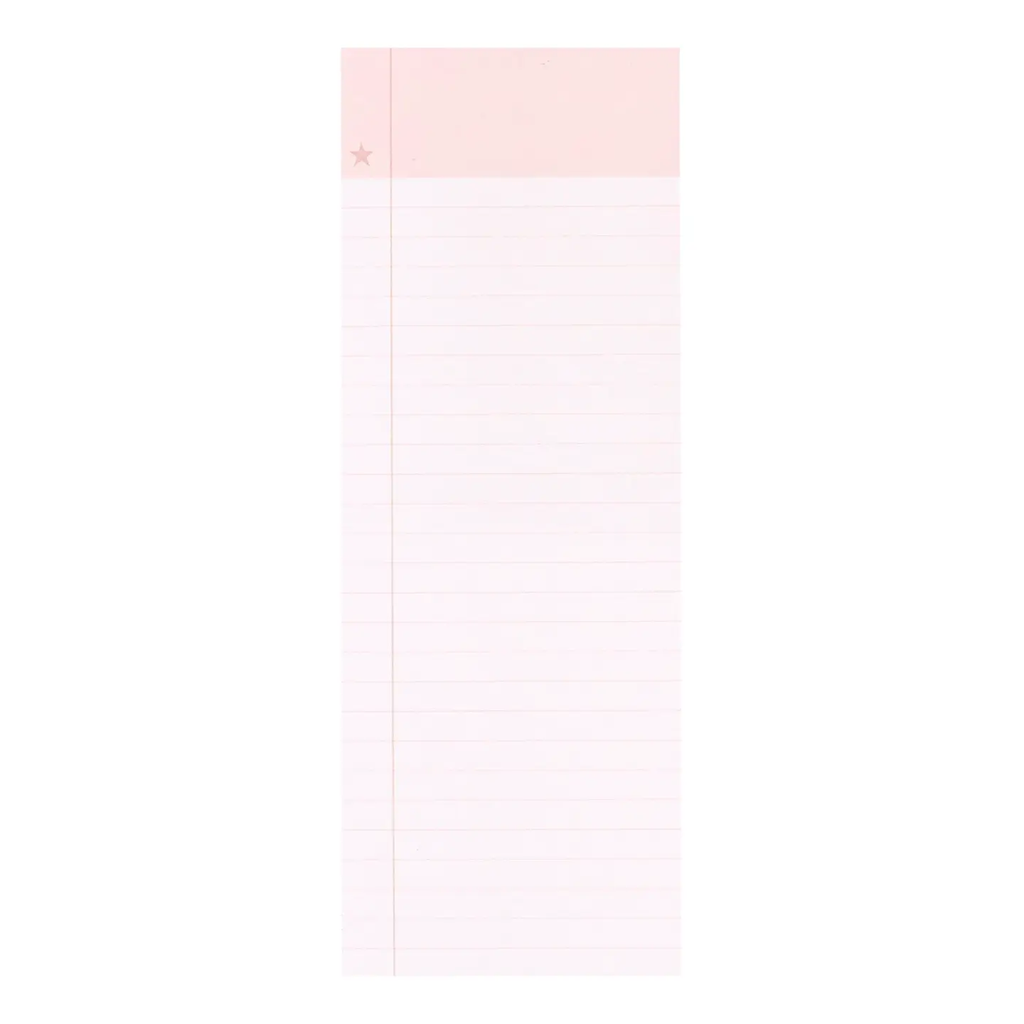 The Pink List Notepad standing upright showing blush pink header with star accent and clean white lined pages, 3x8 inches