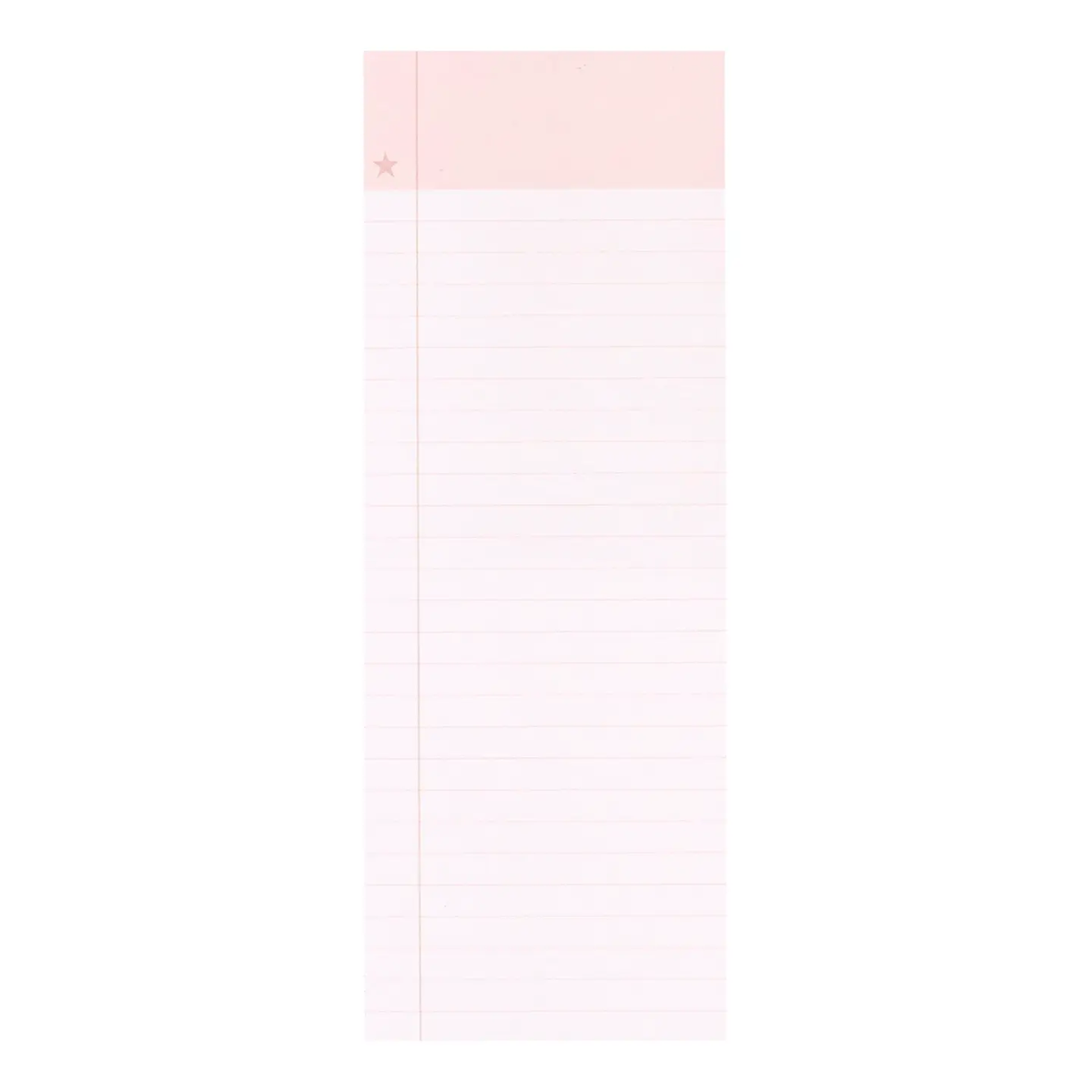 The Pink List Notepad standing upright showing blush pink header with star accent and clean white lined pages, 3x8 inches