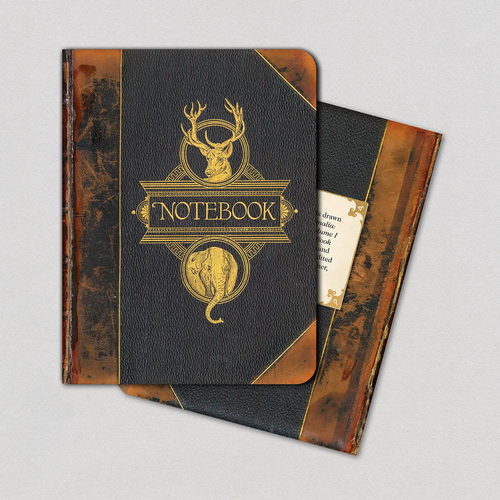 Two Animals on Brown vintage book cover notebooks stacked at an angle showing dark charcoal textured cover with gold foil stag and elephant crest and aged brown spine on gray background