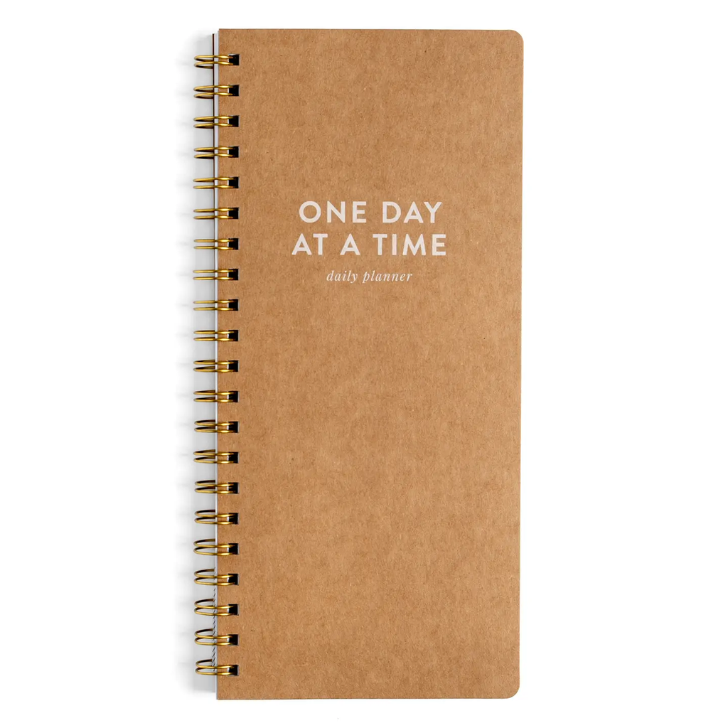 One Day At A Time undated daily planner with kraft cover and gold spiral binding, 5x11 inches