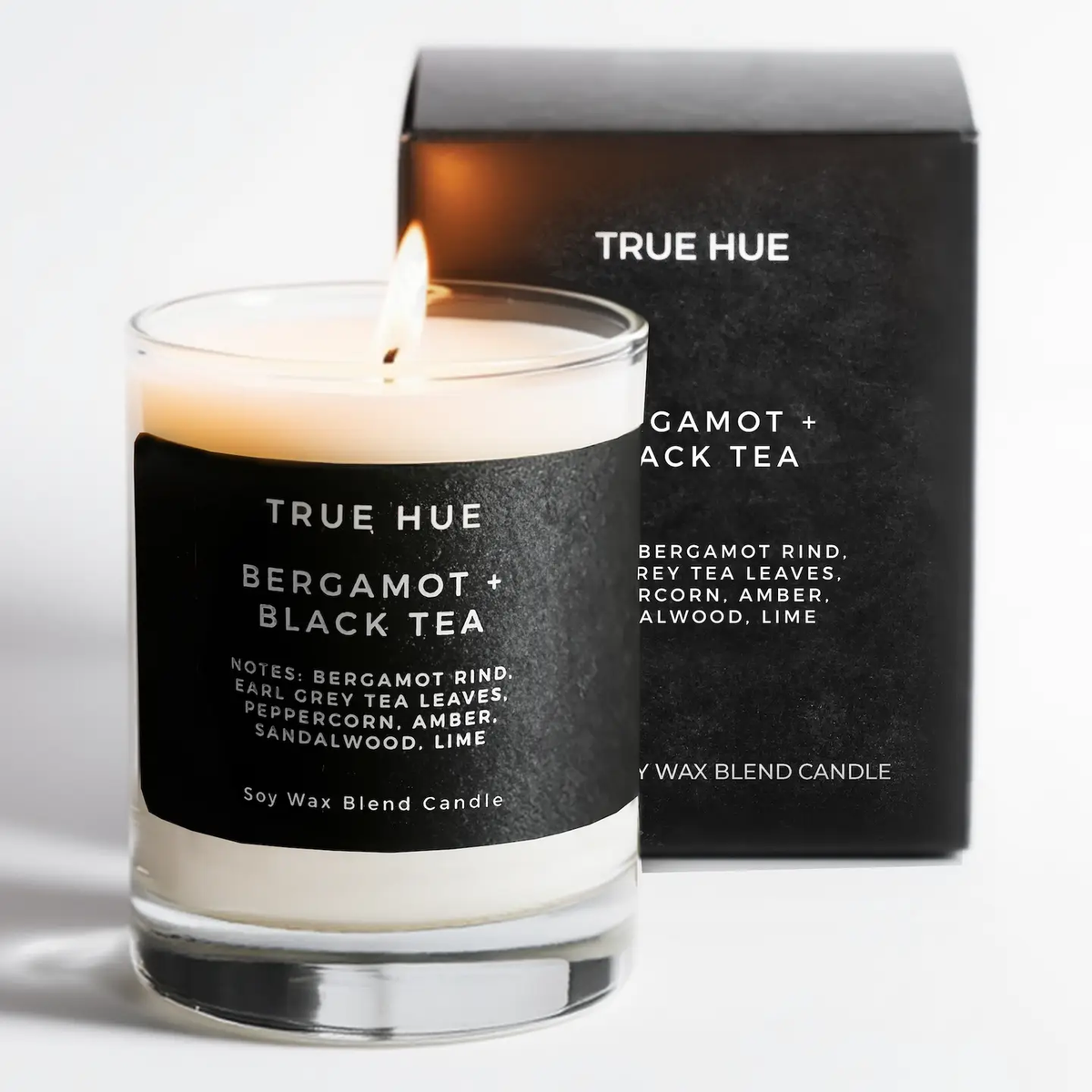 True Hue Bergamot + Black Tea soy wax mini candle with black box packaging