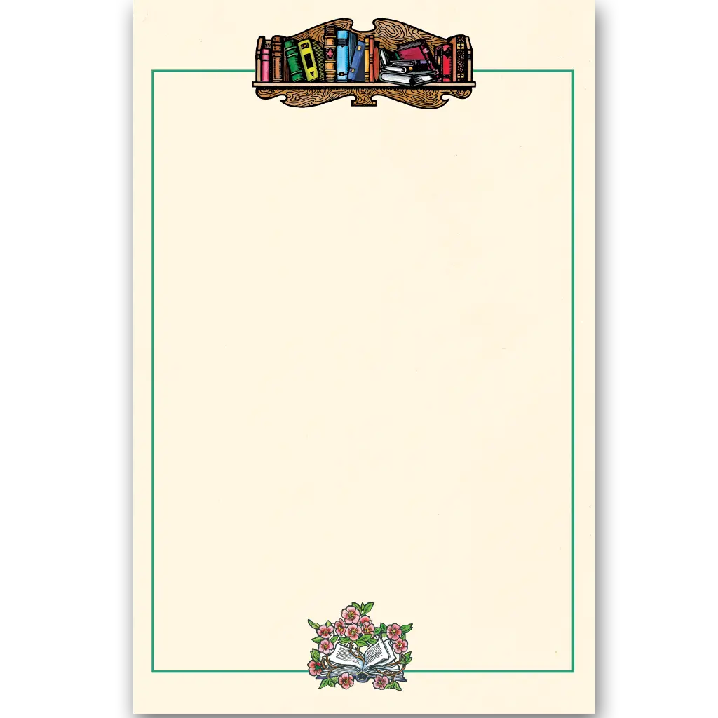 Single cream stationery sheet from Shelf of Books set showing colorful bookshelf illustration at top and open book with pink roses at bottom, green border on white background