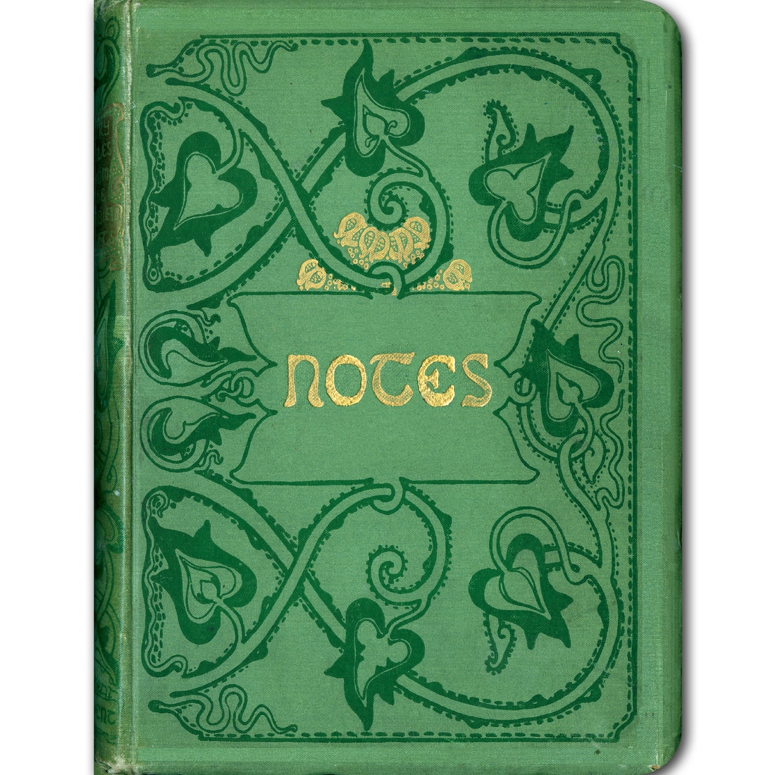 Arabian Nights vintage book cover notebook in emerald green with dark green Art Nouveau botanical scrollwork and gold foil Notes lettering on white background