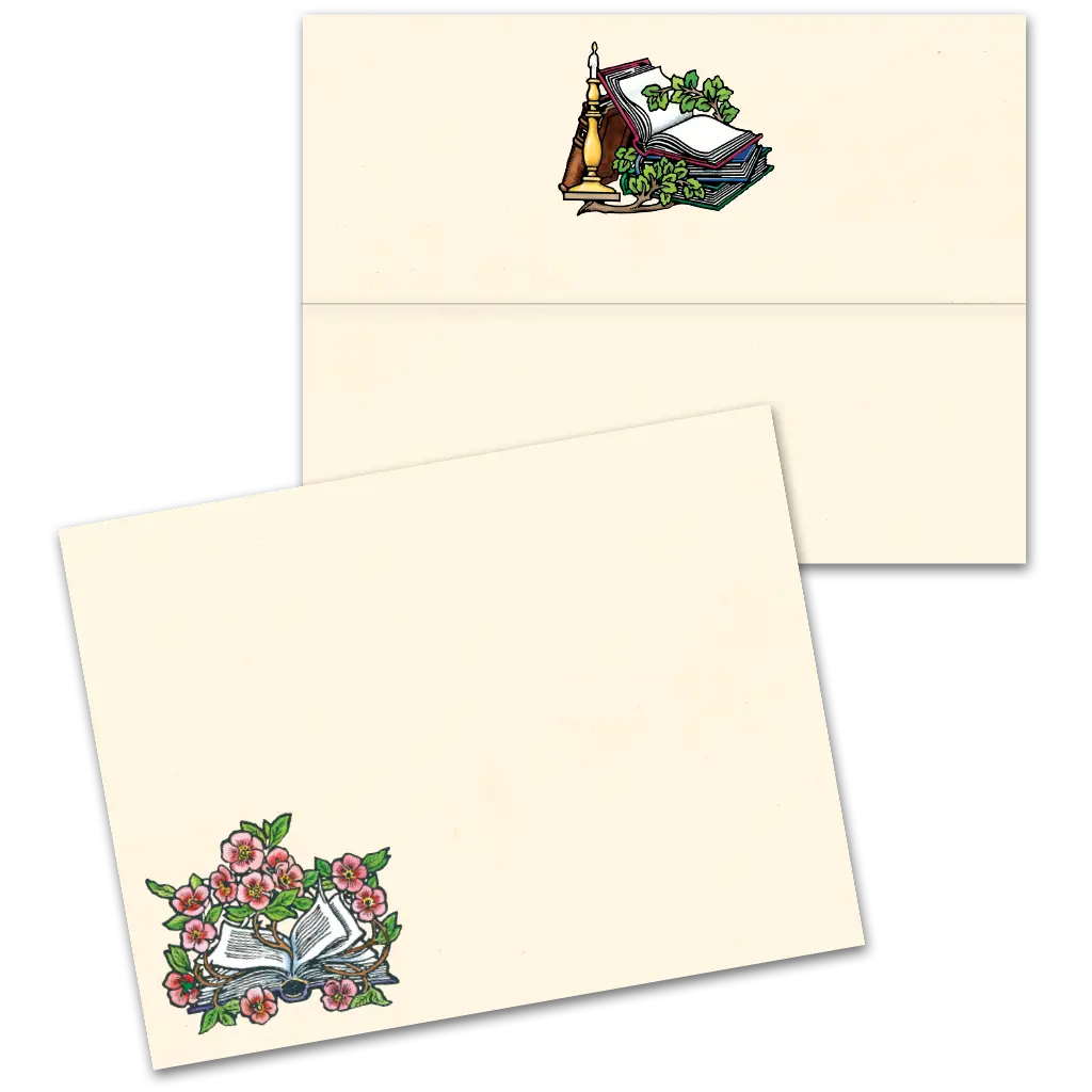 Two cream envelopes from Shelf of Books set showing book vine and candle still life illustration on flap, and open book with pink roses illustration on front, on white background