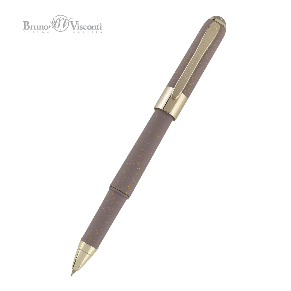 Monaco ballpoint pen in glitter gray with gold metallic clip and tip, shown diagonally on white background, Bruno Visconti branding