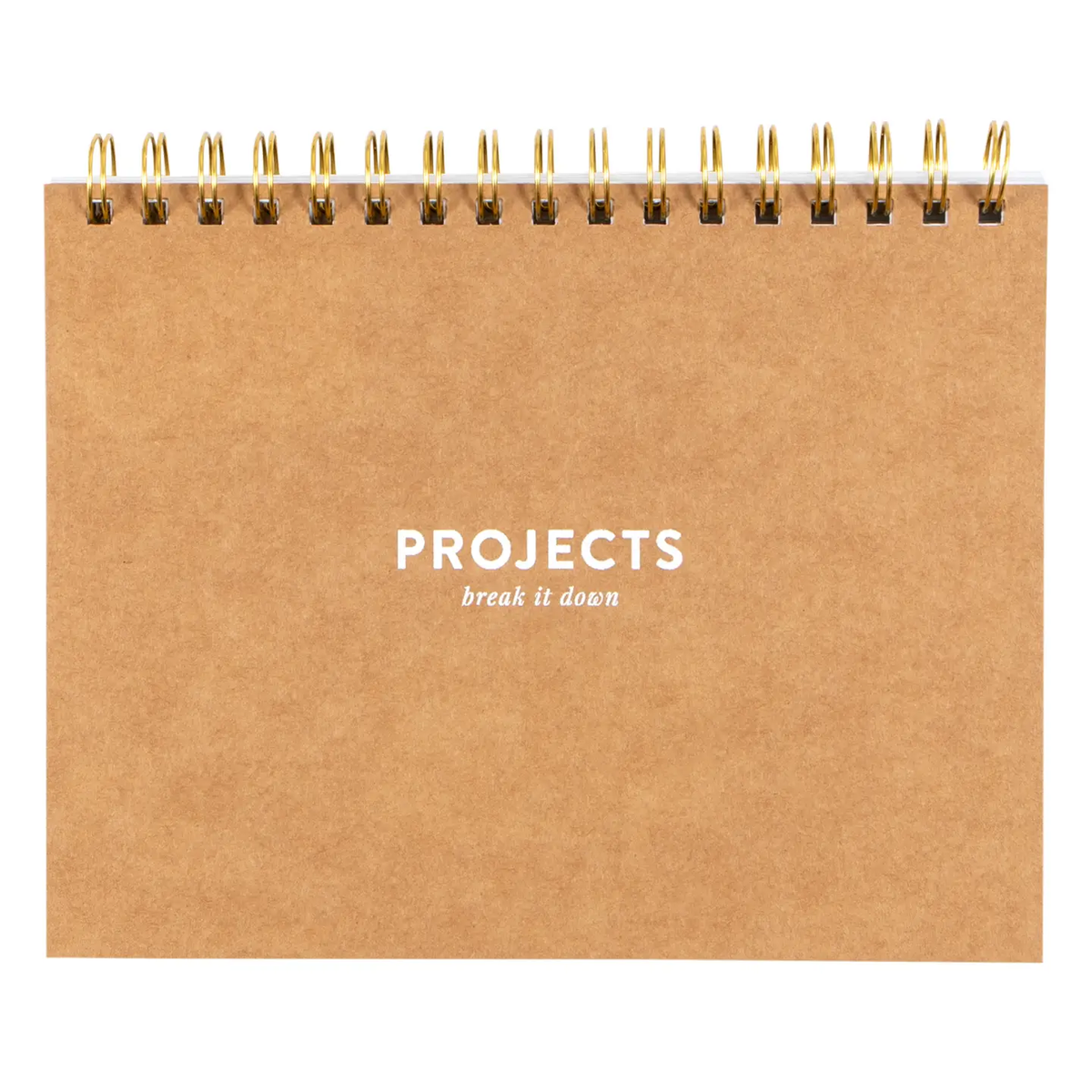 Undated spiral project planner with kraft brown hard cover and gold spiral binding, text reads Projects break it down