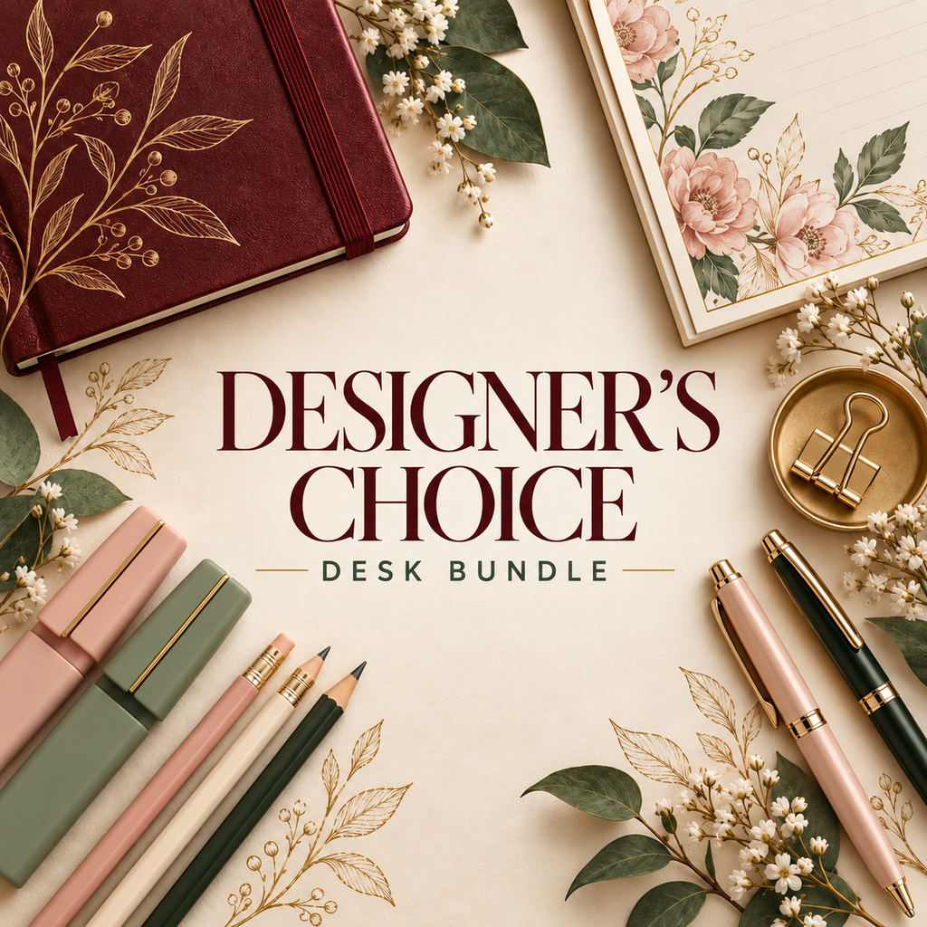 Designer's Choice Desk Bundle promotional image with journals, pencils and pens