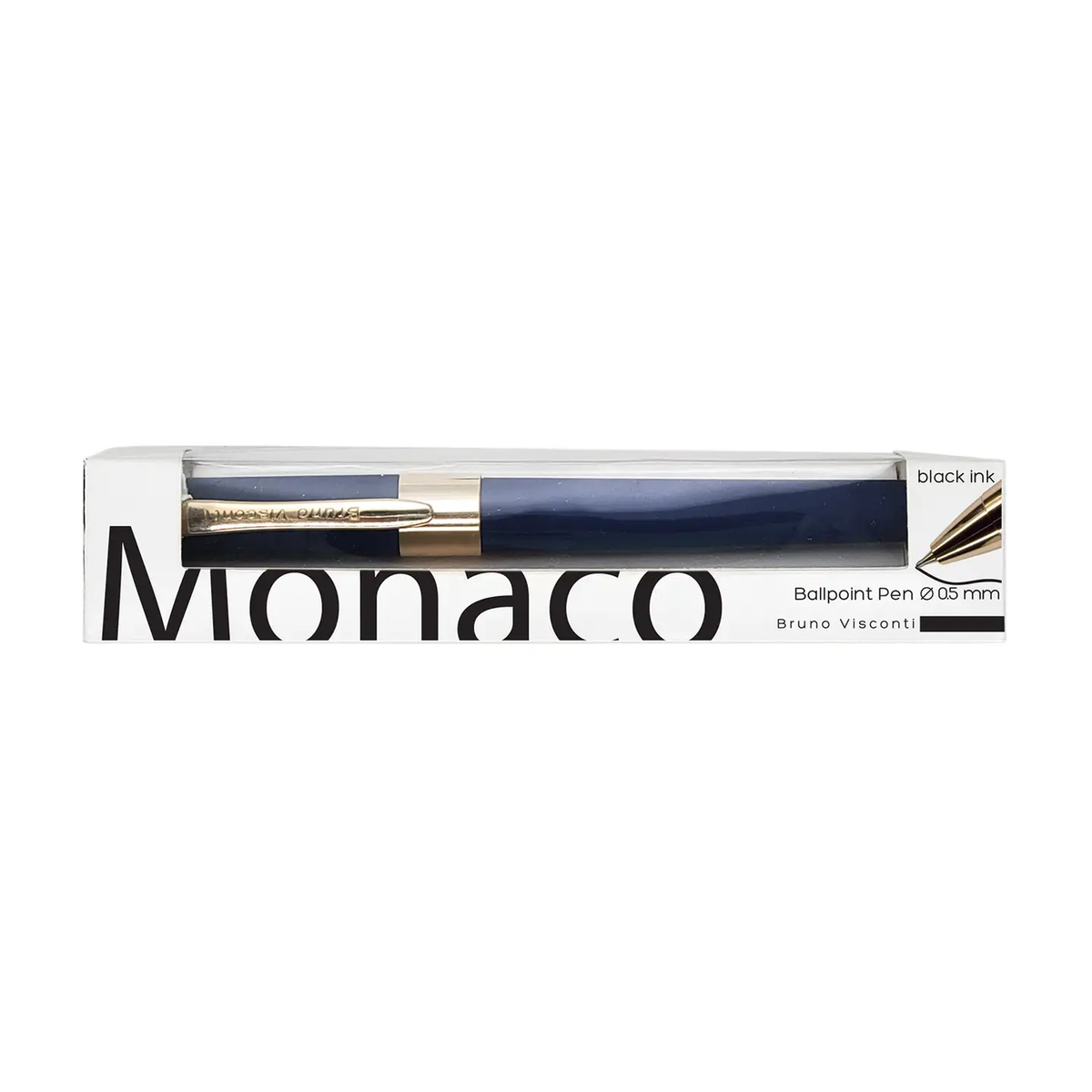 Monaco dark blue ballpoint pen with gold clip shown in white gift box packaging, Monaco branding on box, black ink 0.5mm Bruno Visconti