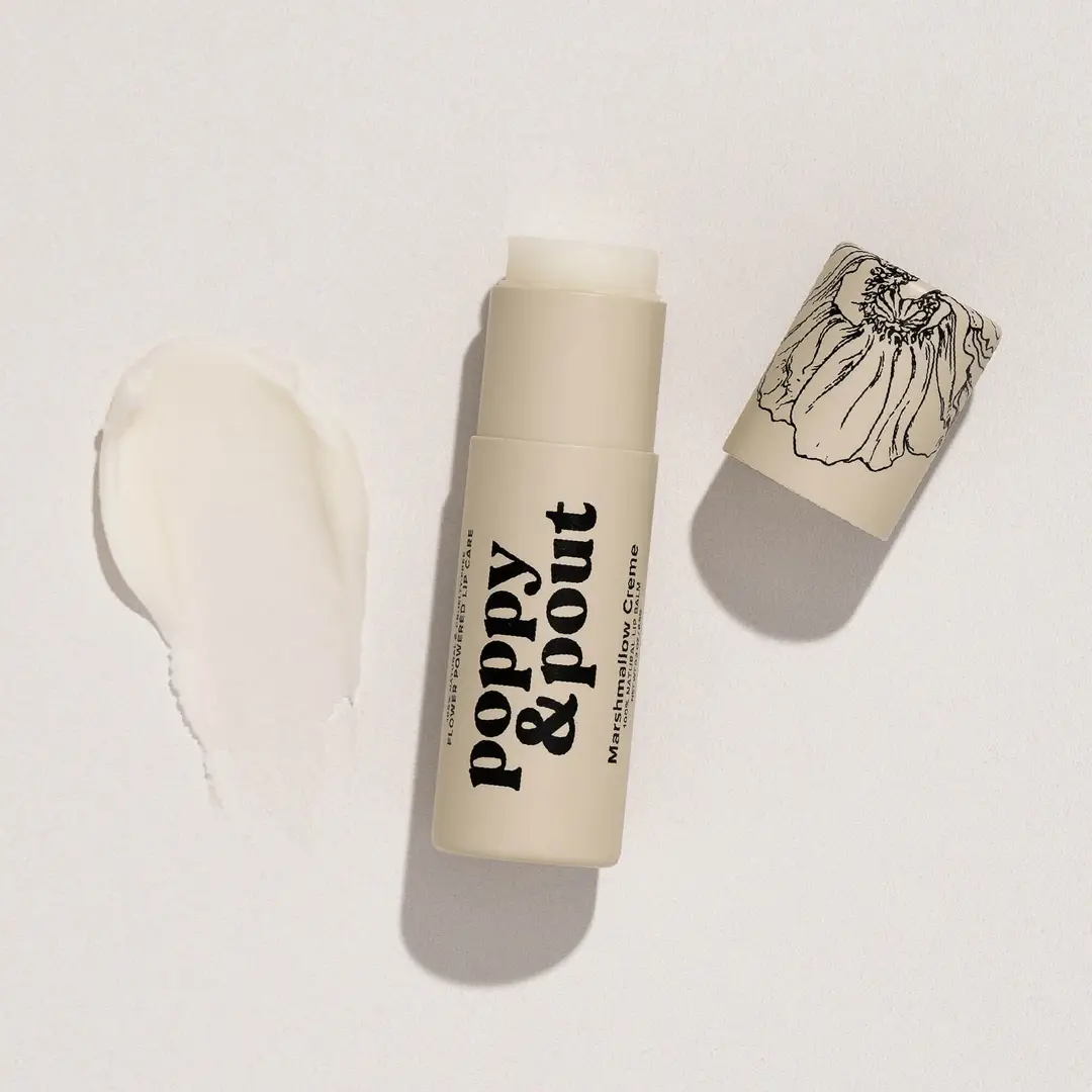 Poppy & Pout Marshmallow Creme Lip Balm with floral illustrated cap