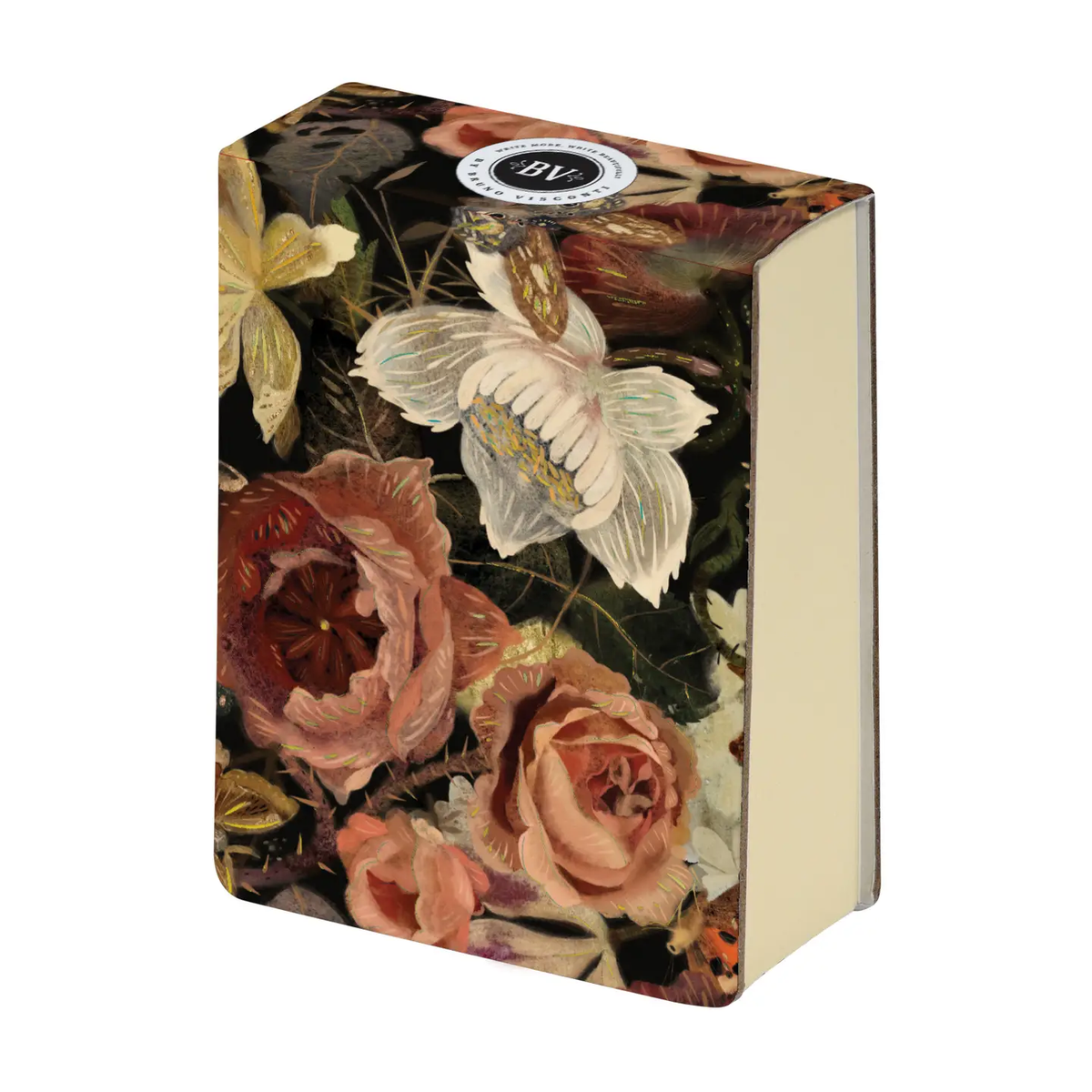 A7 tear-away notepad with illustrated lush bouquet flip-top cover featuring roses and butterflies on dark background, cream pages visible on side