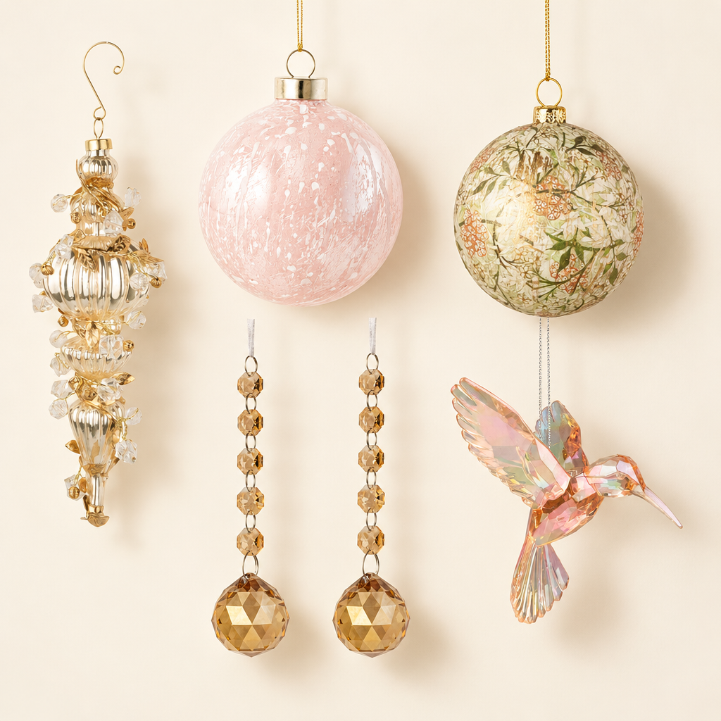 Pink Champagne Nights compilation showing six ornaments, including two amber glass drop strands
